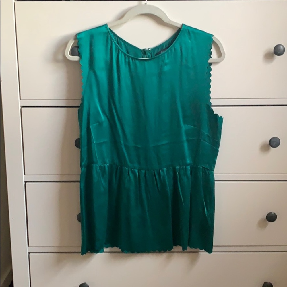 Madewell Silk Green Top Scalloped Sleeves size L